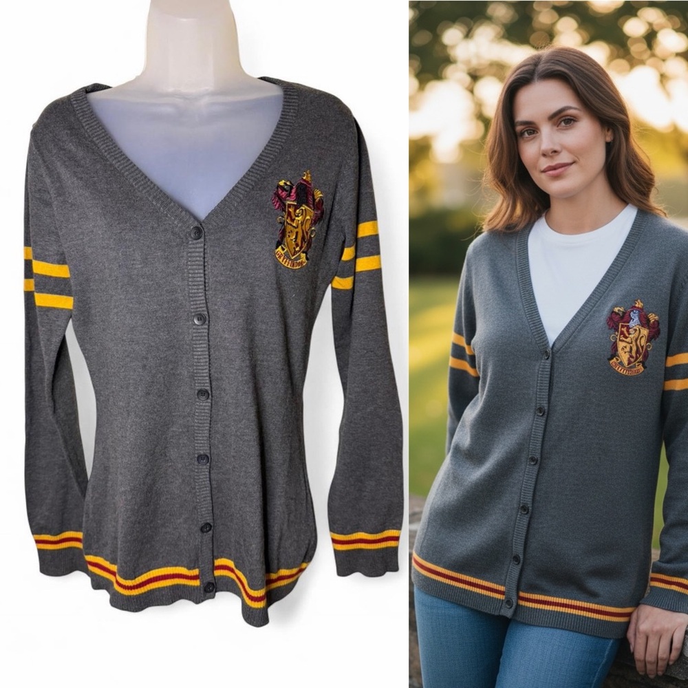 Harry Potter grey cardigan with yellow stripes and Griffindor Hogwarts crest